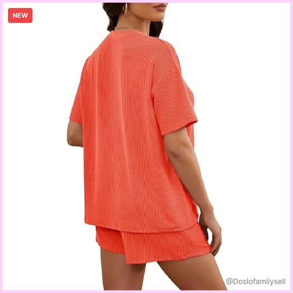Oversized Ribbed Knit Lounge Set Short Sleeve Top Matching Shorts Y2K - Picture 6 of 8